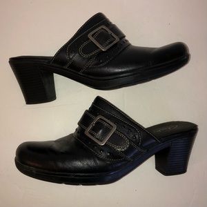 Black Leather Clark’s Bendables Slip-On Mules Clogs, Sz 7.5M